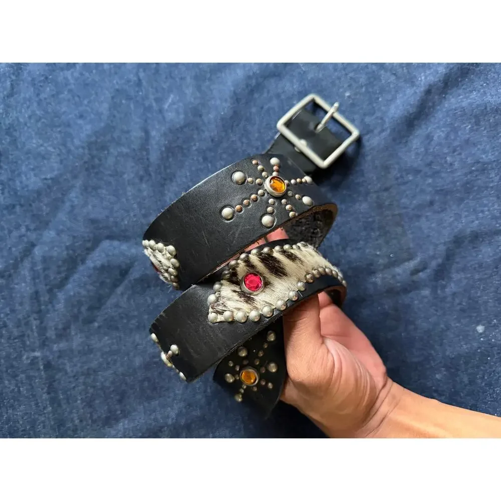 Vintage Western Black Studded Leather Belt Calf Hair Inlay Size 36